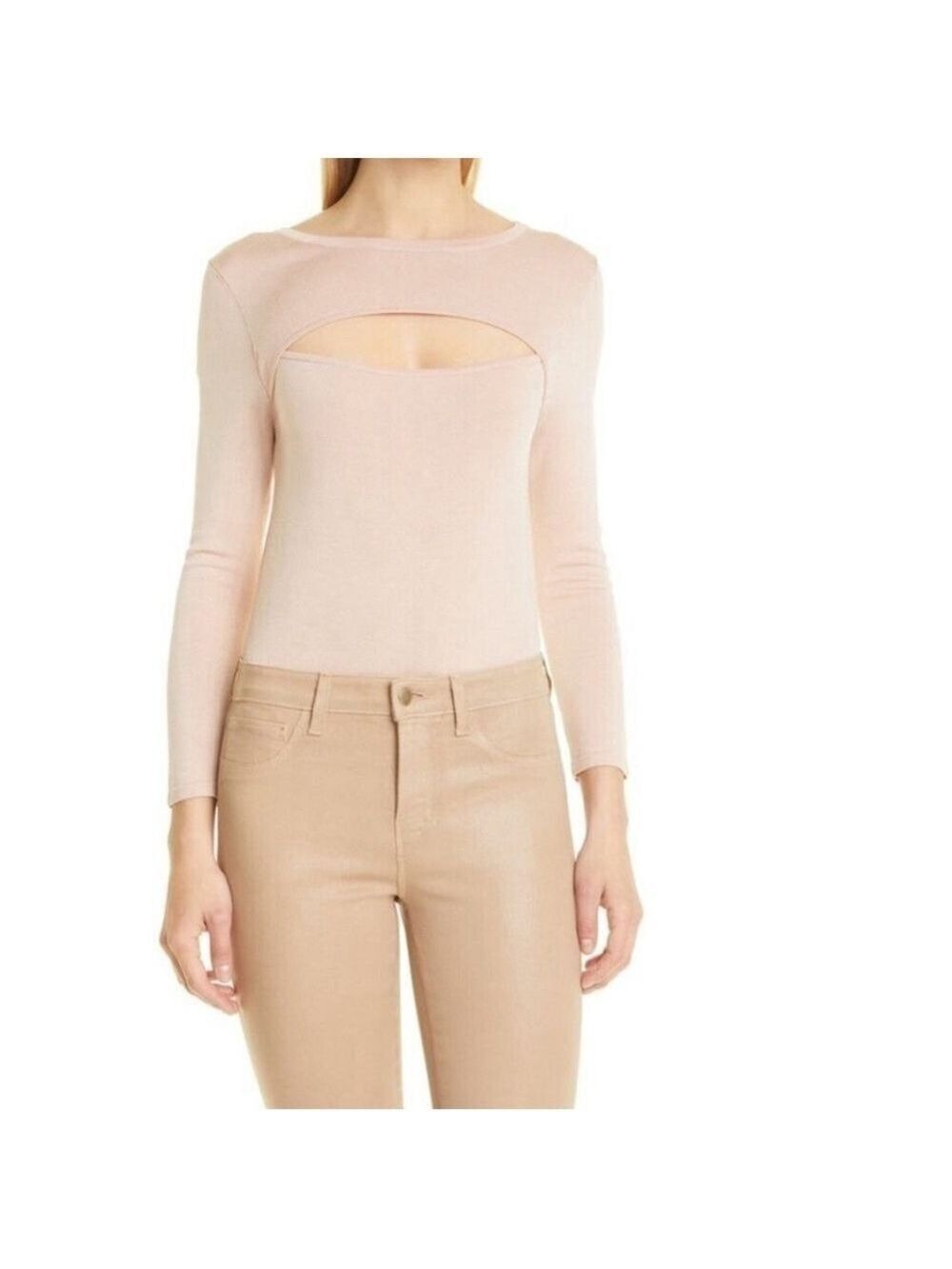 L'Agence Jocelyn Cutout Knit Pullover Sweater Long Sleeve in Blush Pink Size L